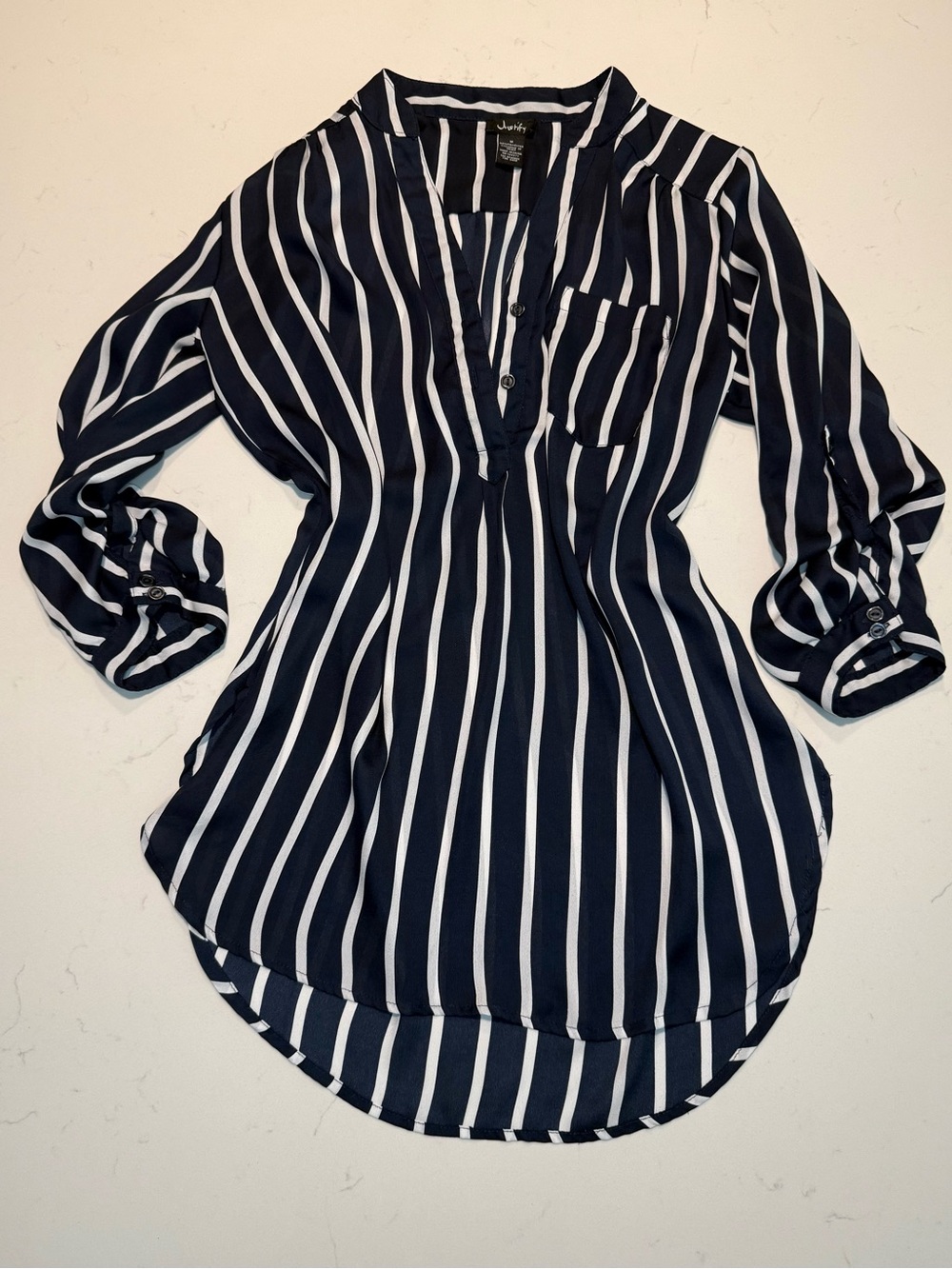 Justify Navy and White Striped Sheer Blouse Size Medium